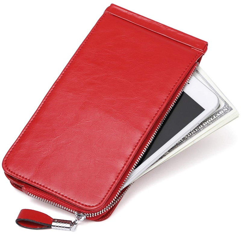 JEEBURYEE Women's Oil Wax Real Leather Multi Credit Card Holder Wallet RFID Blocking Long Bifold Clutch Wallet Ladies Purse with Zipper Pocket Red - Image 5